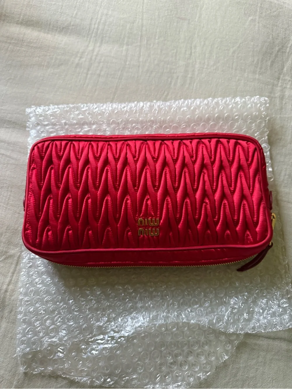 Miu Miu Red Quilted Matelassé Cosmetic Pouch with Gold Logo
